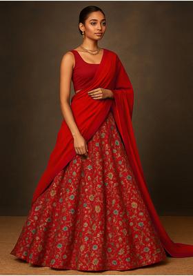 Red Raw Silk Embroidered Lehenga Set