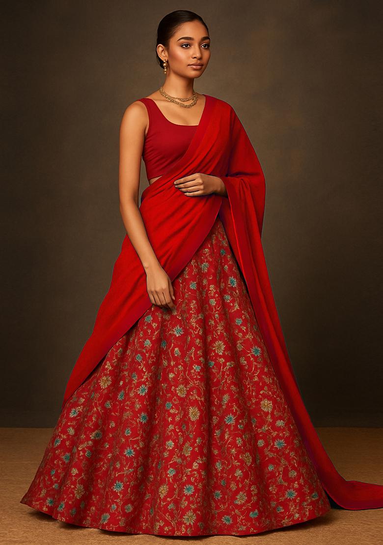 Red Raw Silk Embroidered Lehenga Set