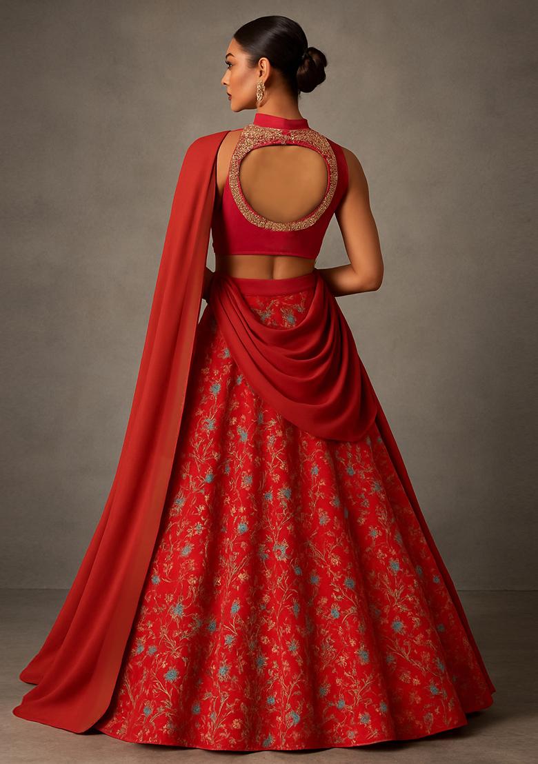 Red Raw Silk Embroidered Lehenga Set - Indya