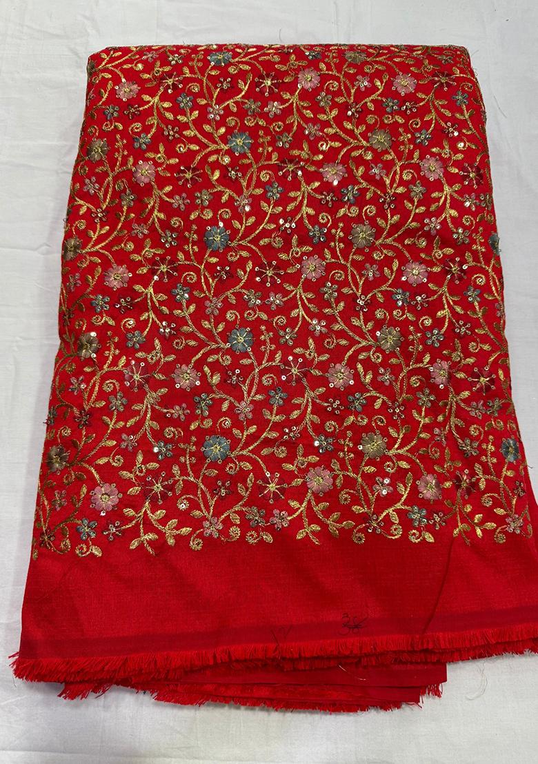 Red Raw Silk Embroidered Lehenga Set