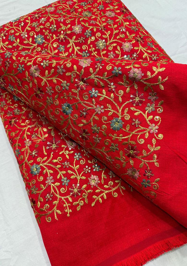 Red Raw Silk Embroidered Lehenga Set - Indya