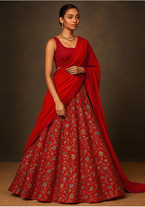 Red Raw Silk Embroidered Lehenga Set