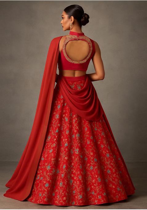 Red Raw Silk Embroidered Lehenga Set
