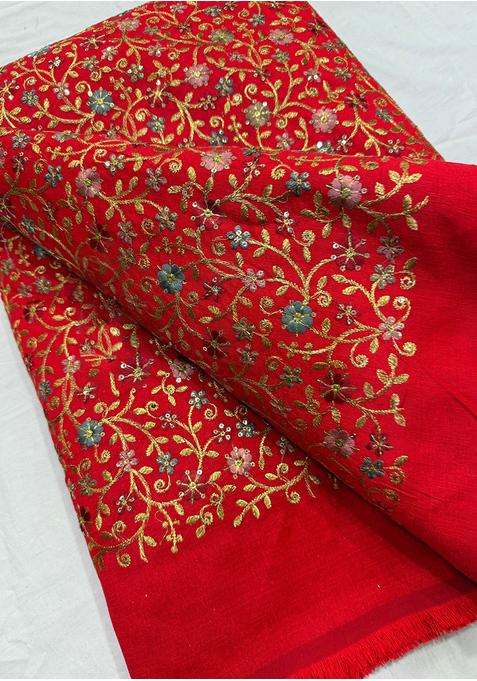 Red Raw Silk Embroidered Lehenga Set