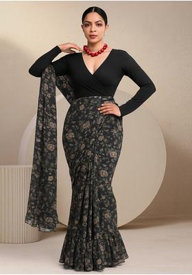 Charcol Black Chinon Printed Pre Draped Saree Set