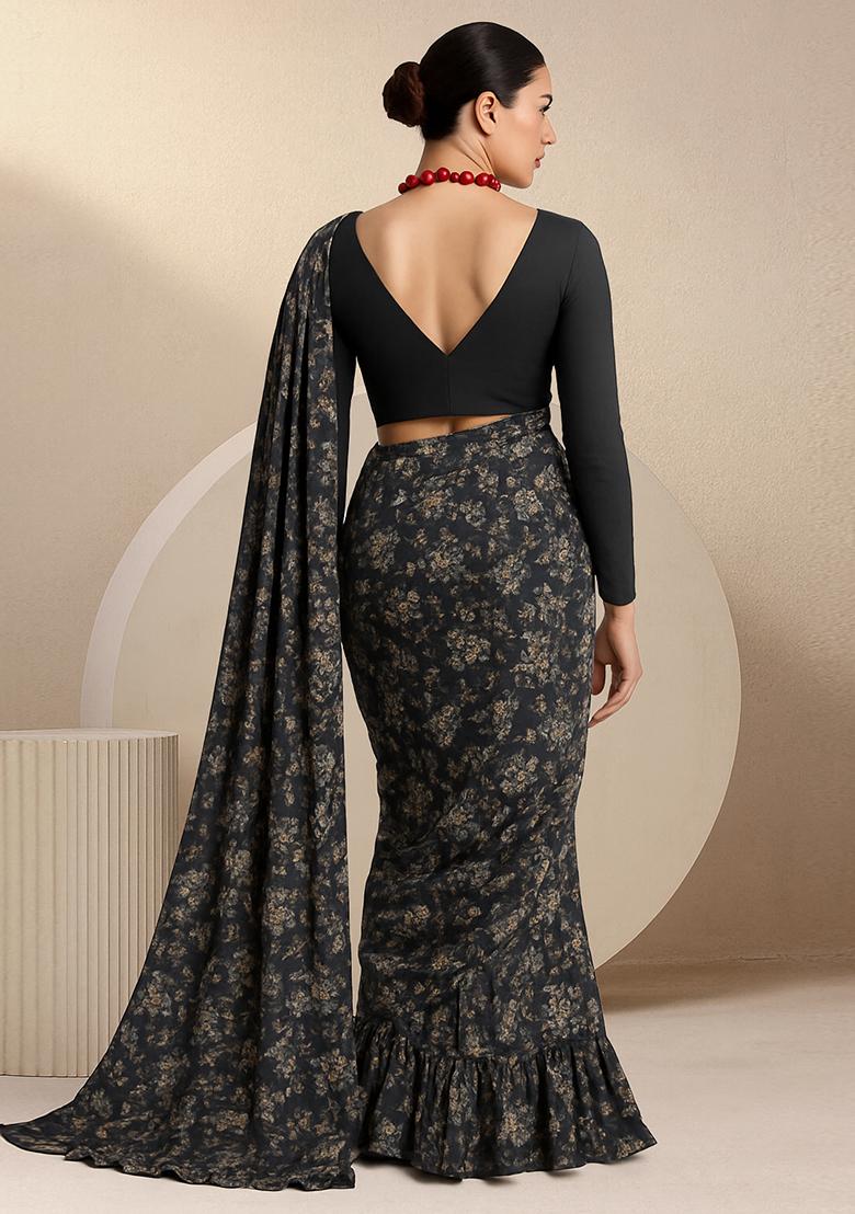 Charcol Black Chinon Printed Pre Draped Saree Set - Indya