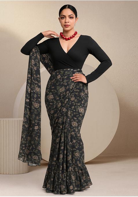 Charcol Black Chinon Printed Pre Draped Saree Set