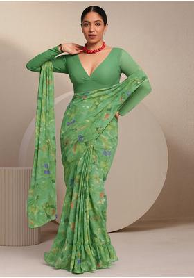Light Green Chiffon Printed Pre Draped Saree Set
