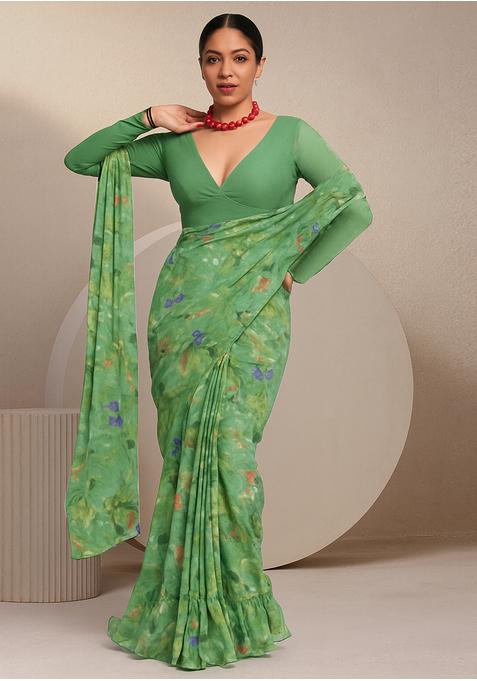 Light Green Chiffon Printed Pre Draped Saree Set