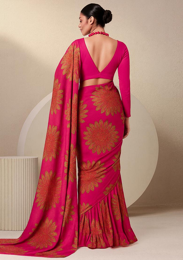Fuchsia Pink Chiffon Printed Pre Draped Saree Set - Indya