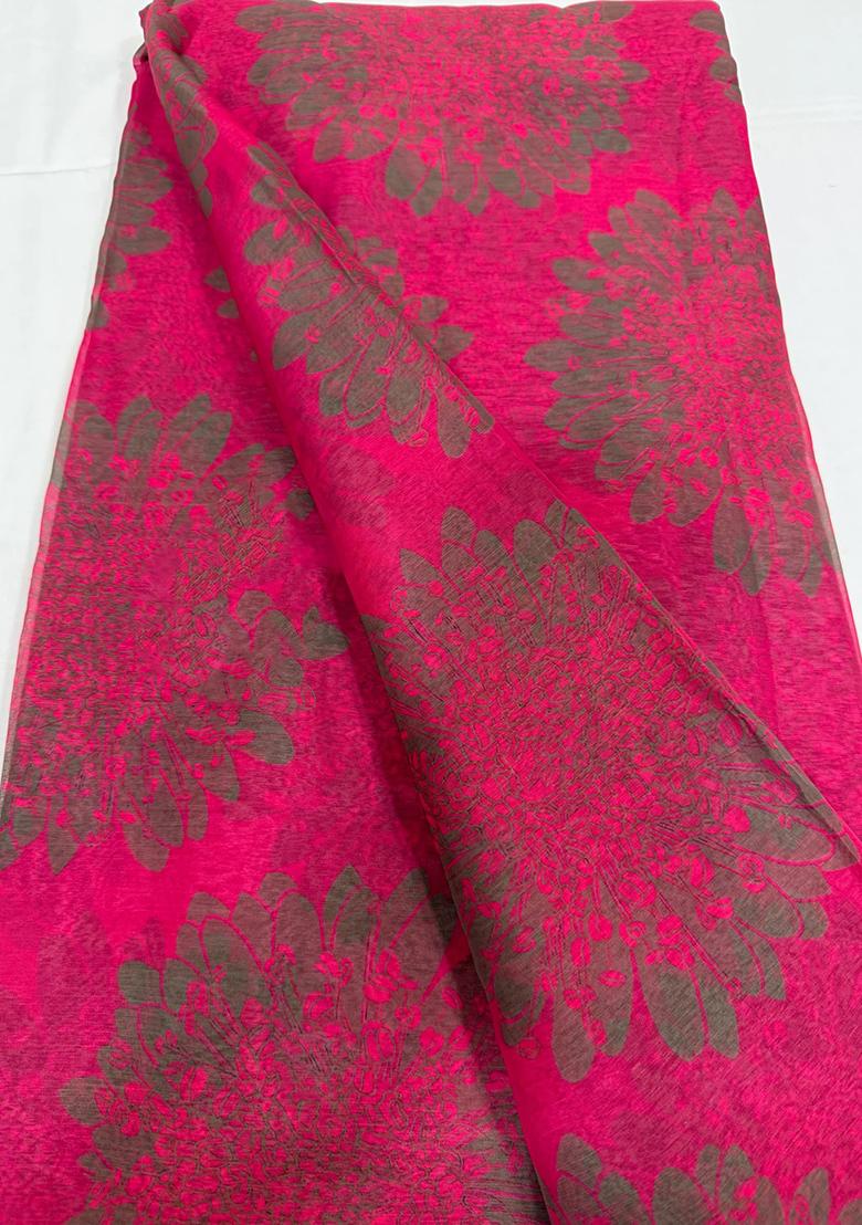 Fuchsia Pink Chiffon Printed Pre Draped Saree Set - Indya