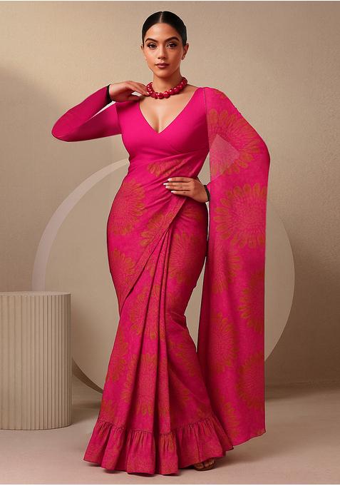 Fuchsia Pink Chiffon Printed Pre Draped Saree Set