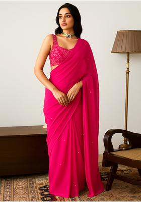 Hot Pink Viscose Georgette Sequin Embellished Blouse Pre Draped Saree Set