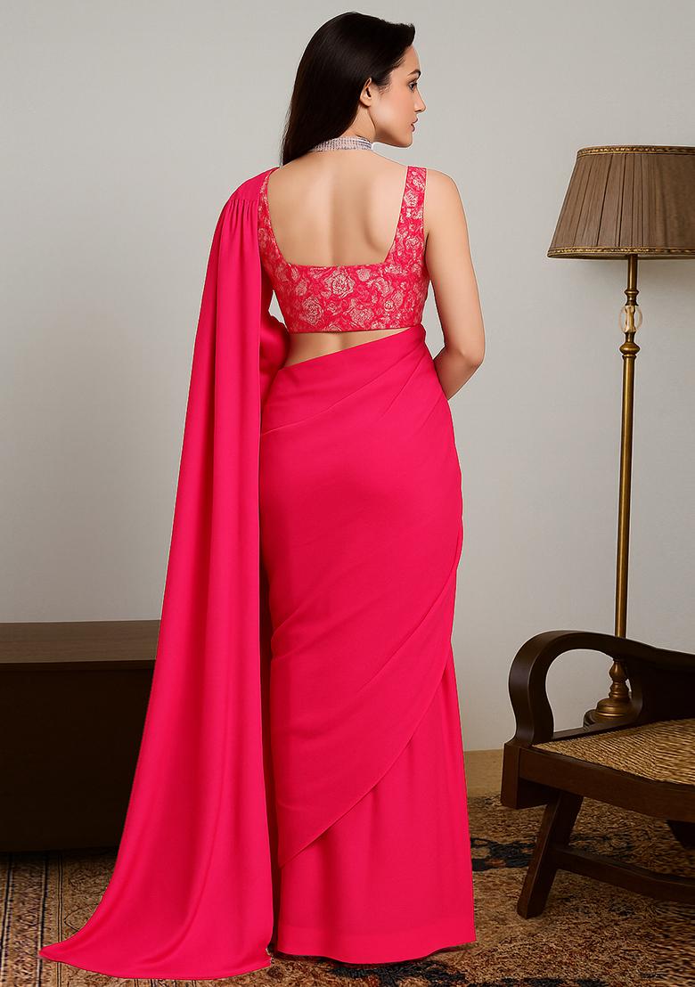 Hot Pink Viscose Gerogette Sequin Embellished Blouse Pre Draped Saree Set - Indya