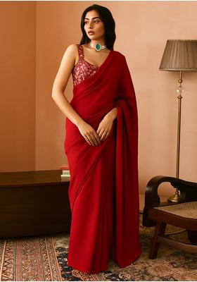 Blood Red Viscose Georgette Sequin Embellished Blouse Pre Draped Saree Set