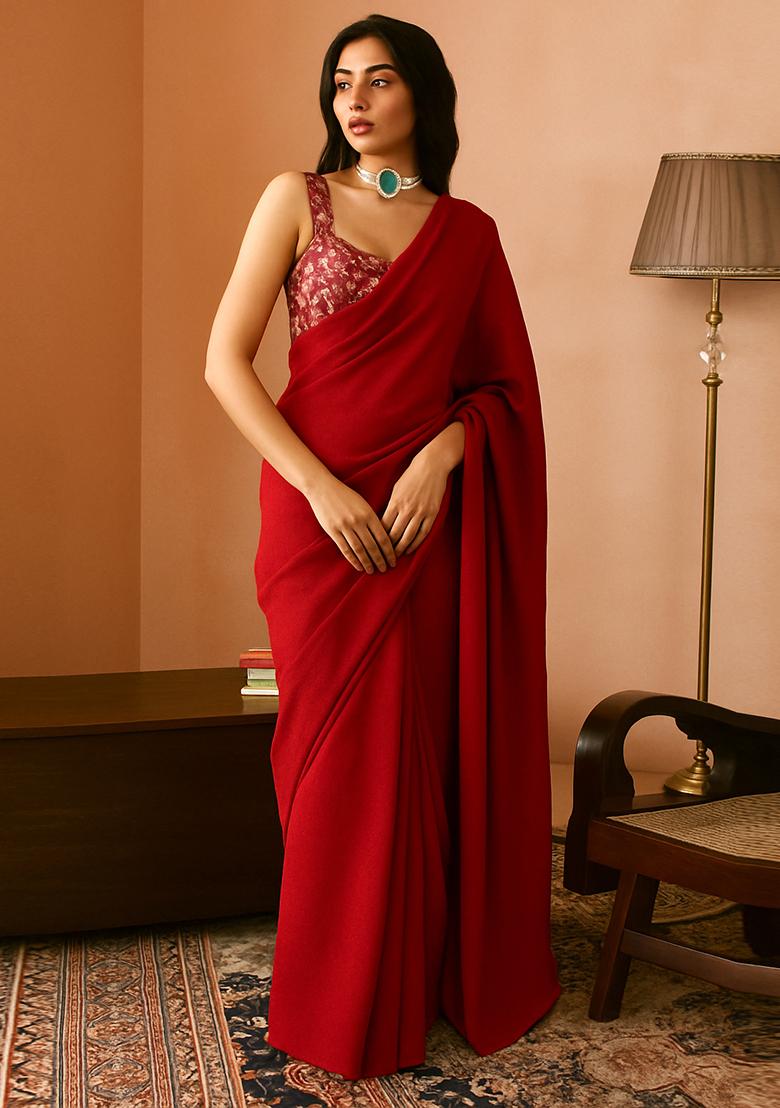 Blood Red Viscose Georgette Sequin Embellished Blouse Pre Draped Saree Set