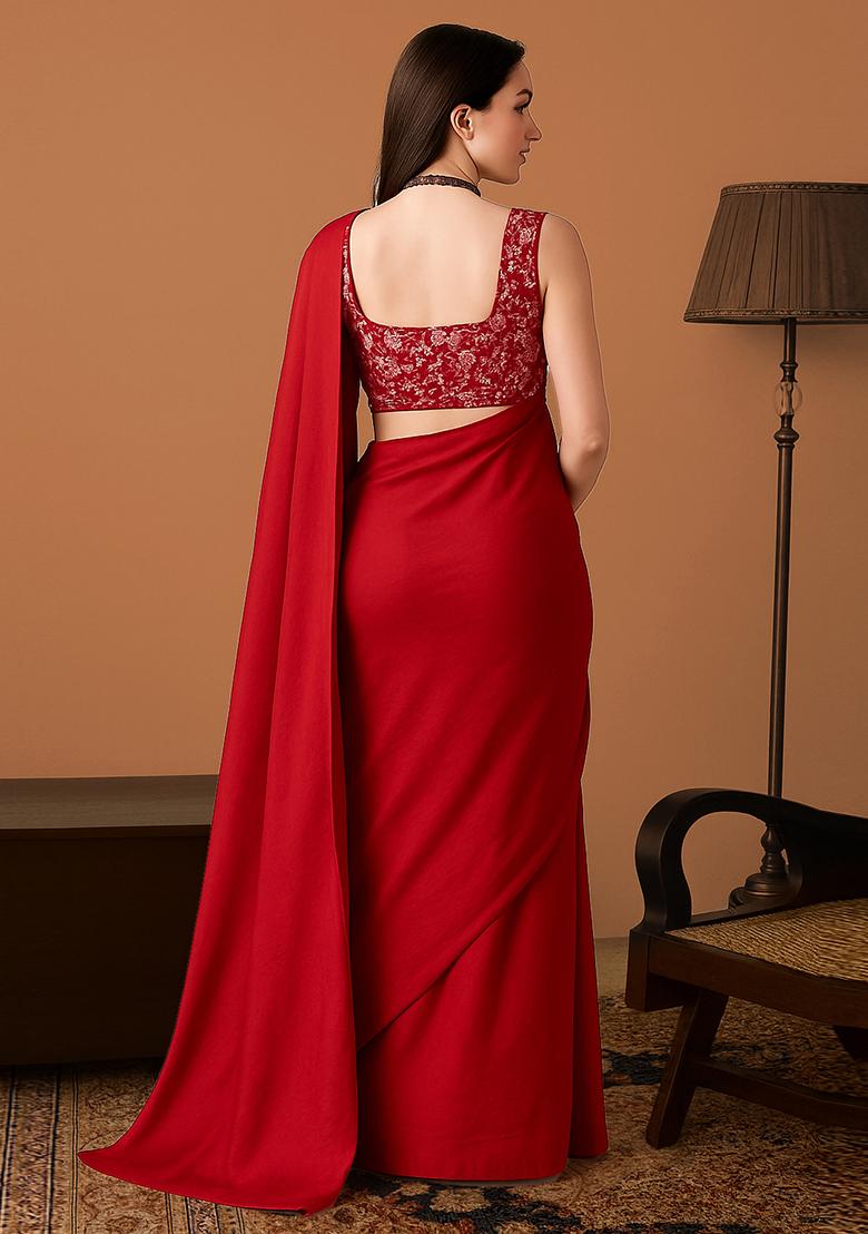 Blood Red Viscose Gerogette Sequin Embellished Blouse Pre Draped Saree Set - Indya