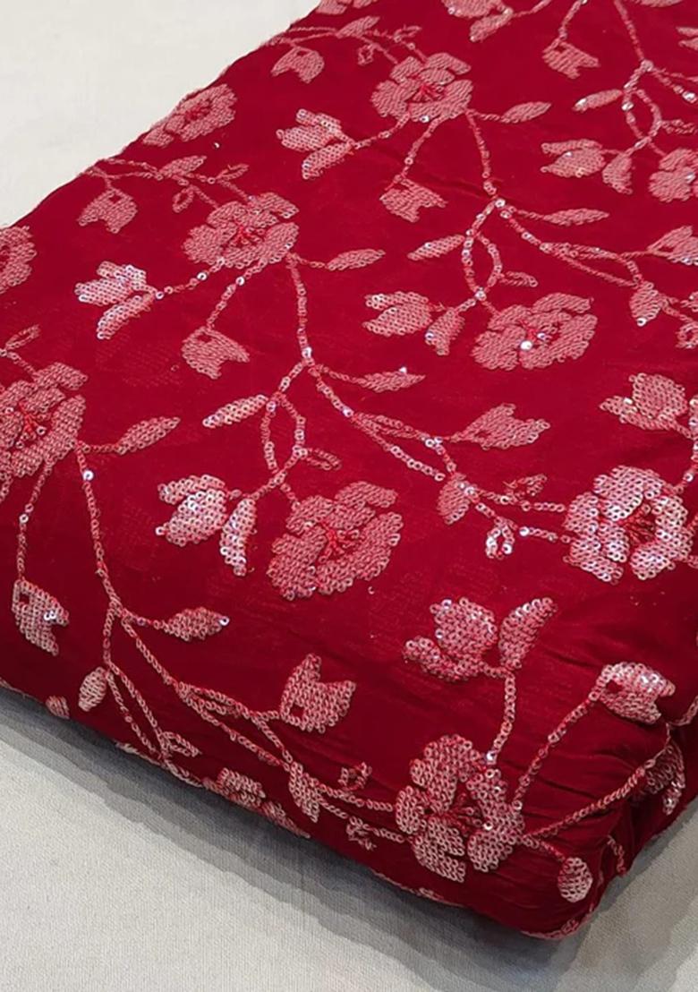 Blood Red Viscose Georgette Sequin Embellished Blouse Pre Draped Saree Set