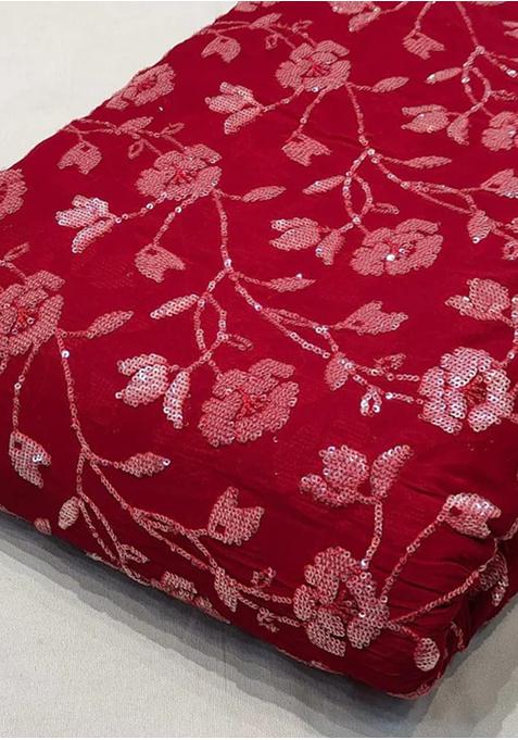 Blood Red Viscose Georgette Sequin Embellished Blouse Pre Draped Saree Set