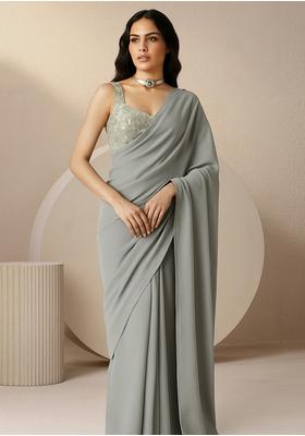 Light Grey Viscose Georgette Sequin Embellished Blouse Pre Draped Saree Set