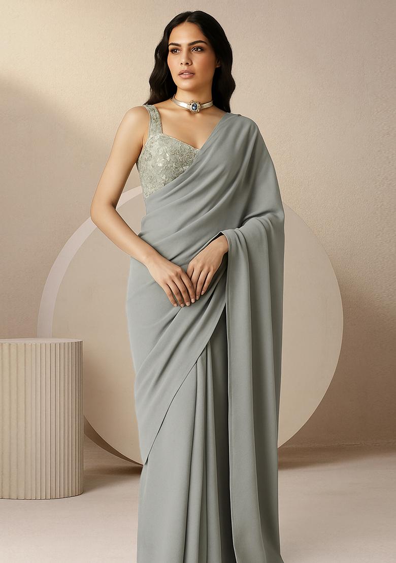 Light Grey Viscose Georgette Sequin Embellished Blouse Pre Draped Saree Set