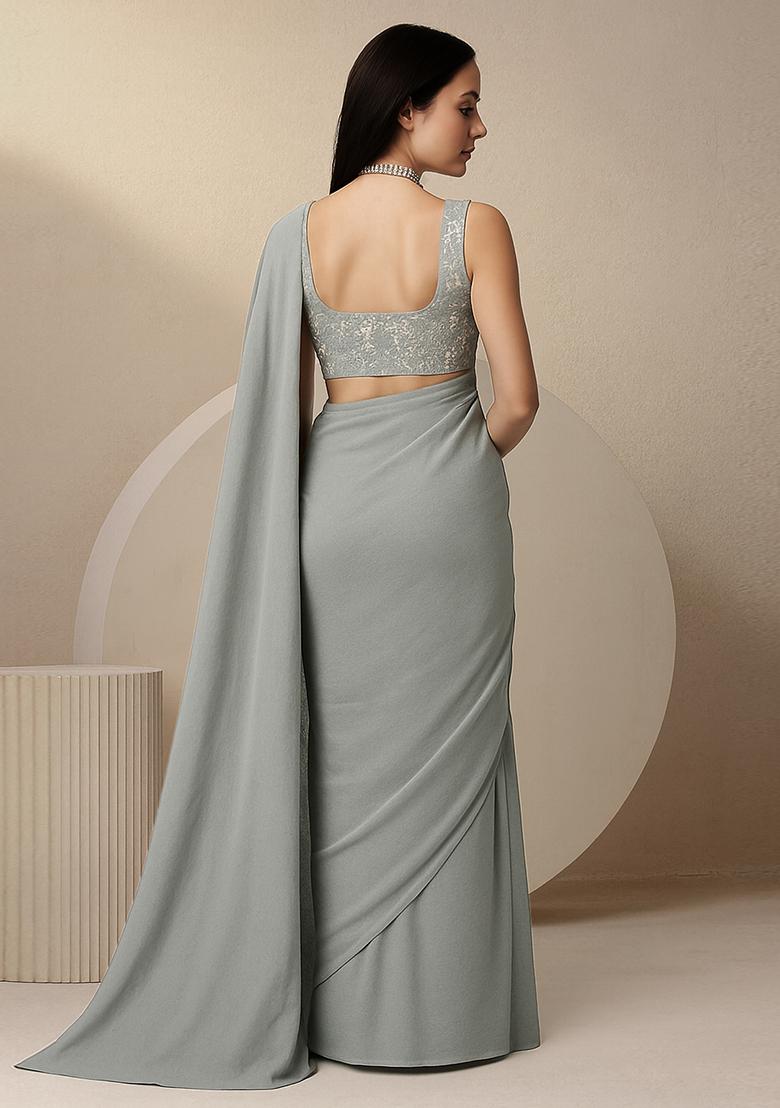 Light Grey Viscose Georgette Sequin Embellished Blouse Pre Draped Saree Set
