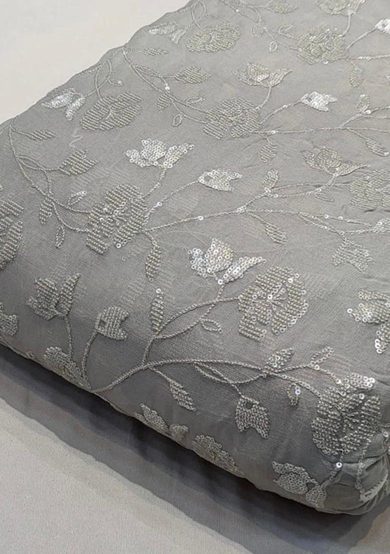 Light Grey Viscose Georgette Sequin Embellished Blouse Pre Draped Saree Set