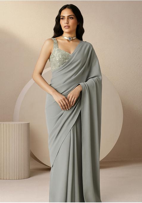 Light Grey Viscose Georgette Sequin Embellished Blouse Pre Draped Saree Set