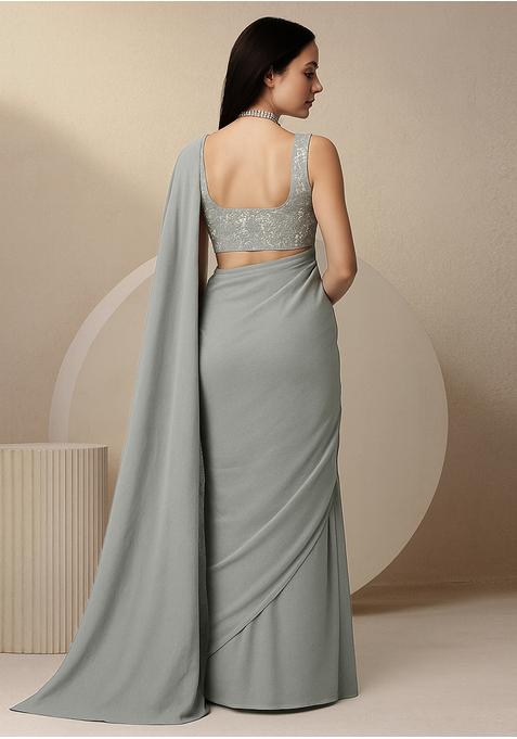 Light Grey Viscose Georgette Sequin Embellished Blouse Pre Draped Saree Set