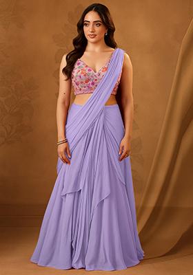Lilac Georgette Embellished Blouse Pre Draped Saree Set