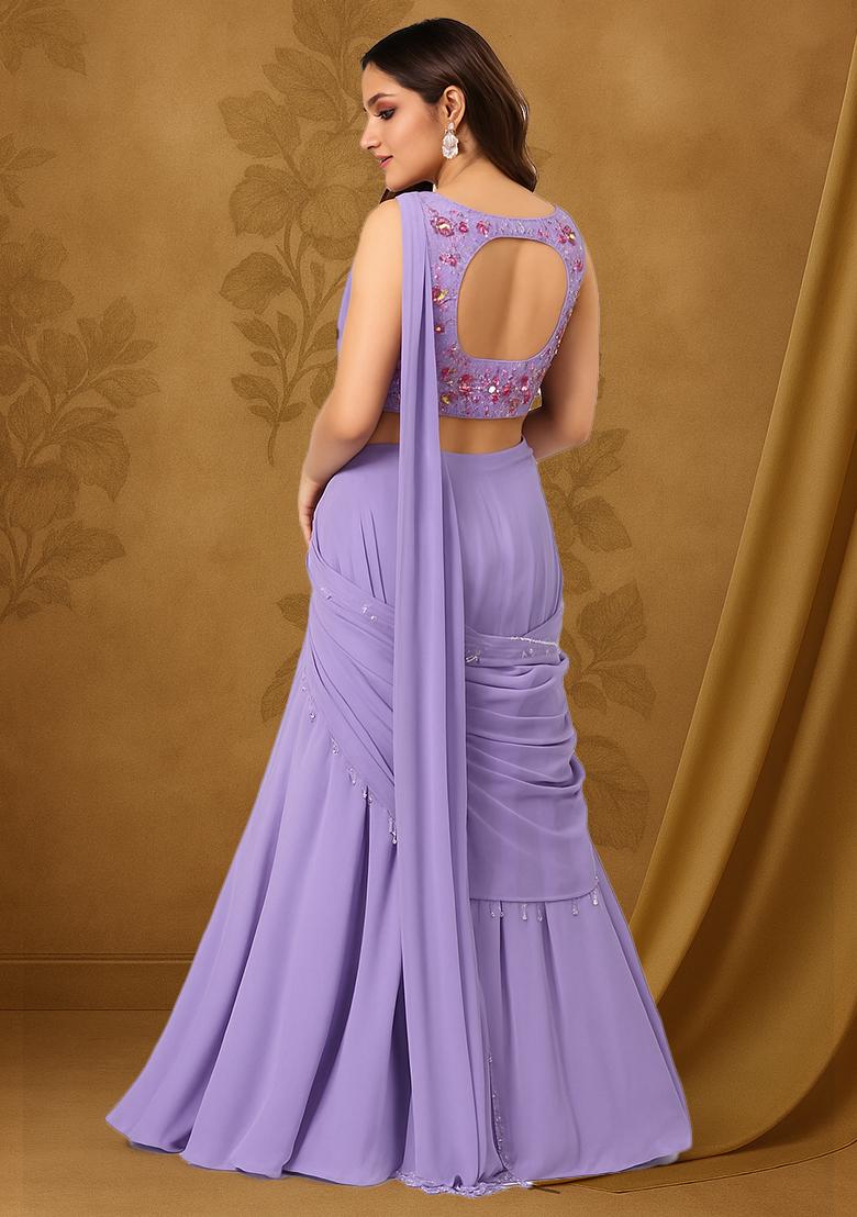 Lilac Georgette Embellished Blouse Pre Draped Saree Set