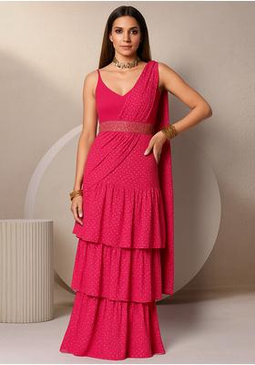 Pink Satin Gerogette Printed Pre Draped Saree Set