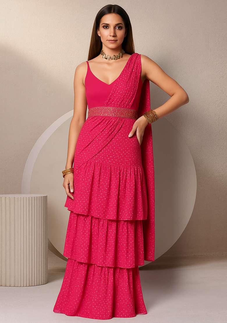 Pink Satin Georgette Printed Pre Draped Saree Set - Indya