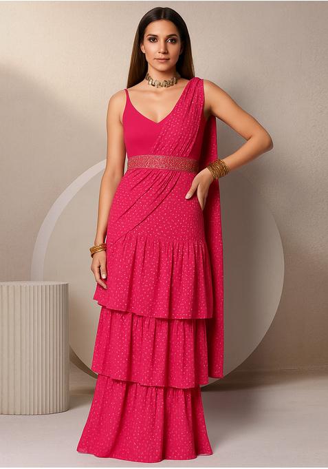 Pink Satin Georgette Printed Pre Draped Saree Set