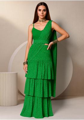 Parrot Green Satin Gerogette Printed Pre Draped Saree Set