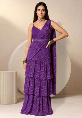 Purple Satin Georgette Printed Pre Draped Saree Set