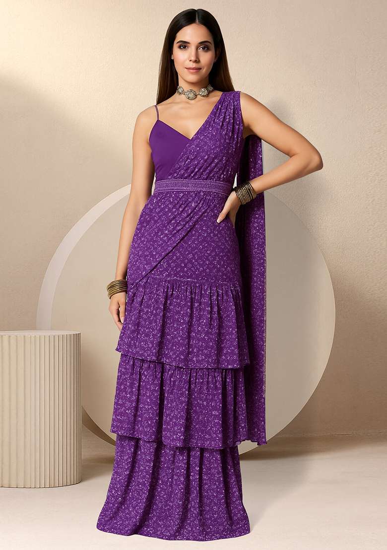 Purple Satin Georgette Printed Pre Draped Saree Set - Indya