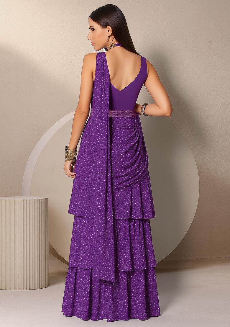 Purple Satin Gerogette Printed Pre Draped Saree Set - Indya