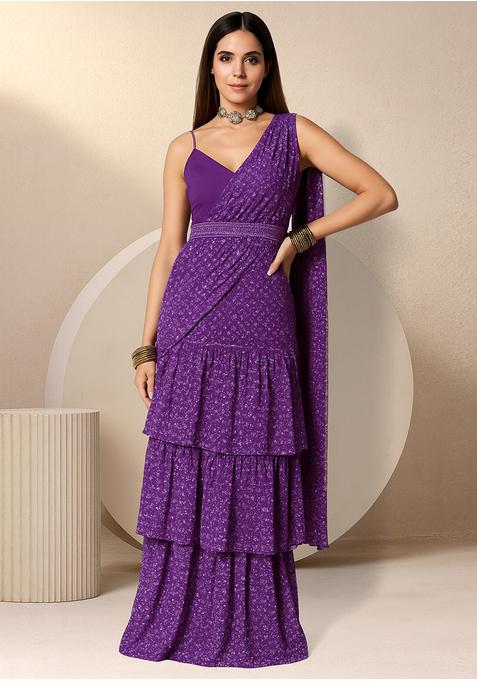 Purple Satin Georgette Printed Pre Draped Saree Set