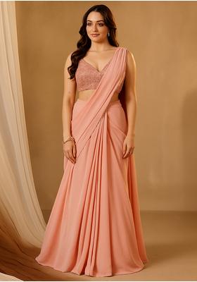 Peach Pink Georgette Embellished Blouse Pre Draped Saree Set