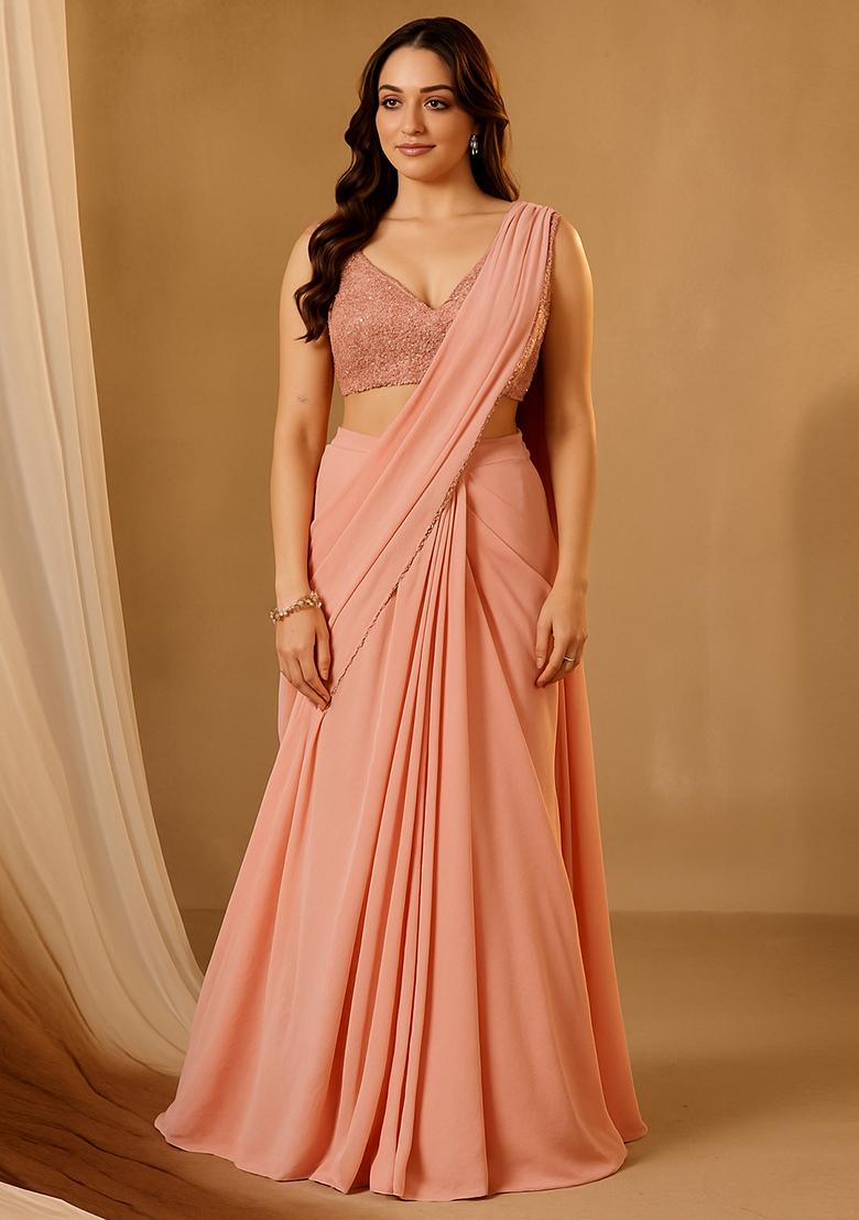Peach Pink Georgette Embellished Blouse Pre Draped Saree Set