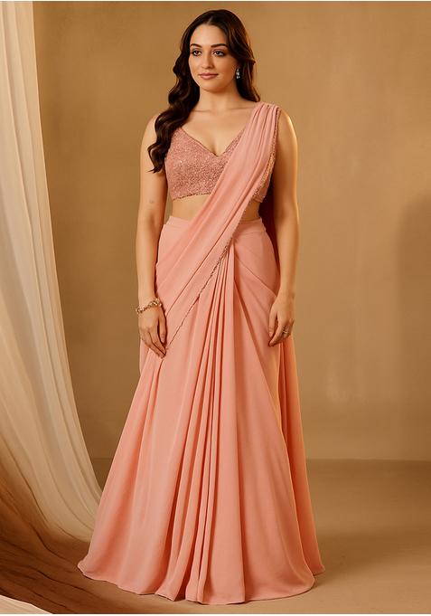 Peach Pink Georgette Embellished Blouse Pre Draped Saree Set