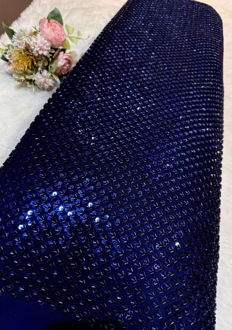 Deep Blue Georgette Embellished Blouse Pre Draped Saree Set - Indya