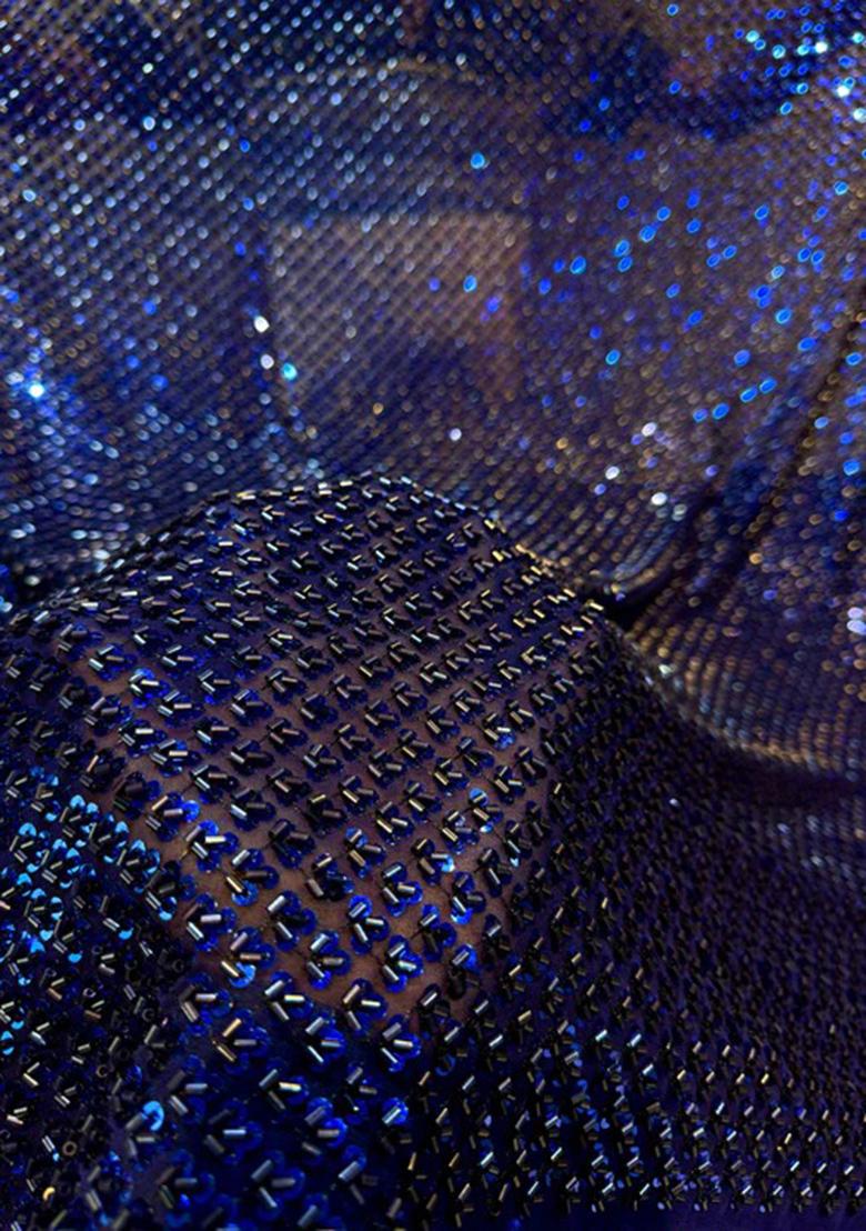 Deep Blue Georgette Embellished Blouse Pre Draped Saree Set - Indya