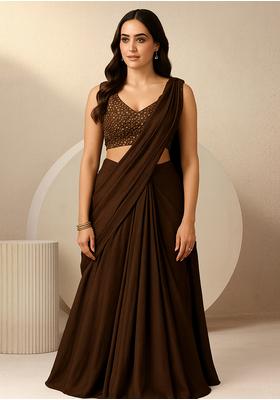 Deep Brown Georgette Embellished Blouse Pre Draped Saree Set