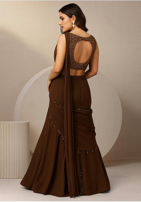 Deep Brown Georgette Embellished Blouse Pre Draped Saree Set
