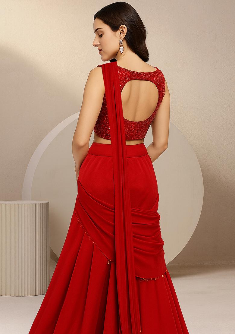 Red Georgette Embellished Blouse Pre Draped Saree Set