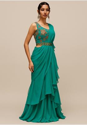 Ocean Blue Georgette Embroidered Blouse Pre Draped Saree Set