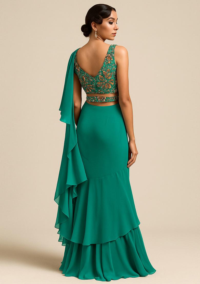 Ocean Blue Georgette Embroidered Blouse Pre Draped Saree Set - Indya