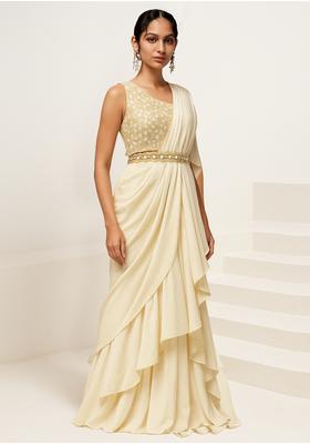 Beige Georgette Embellished Blouse Pre Draped Saree Set